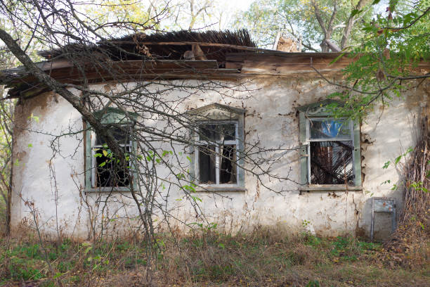 Destroyed houses. Destructive abandoned homes in the mountains.