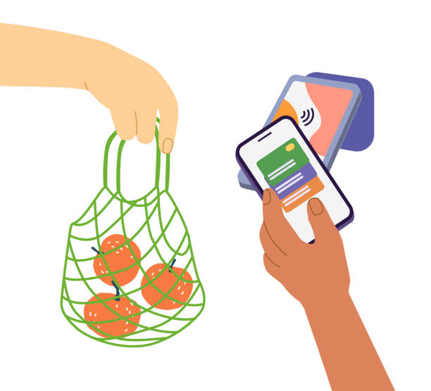 istock Modern shopping illustration with mobile payment and shopping bag with oranges. 2181611955