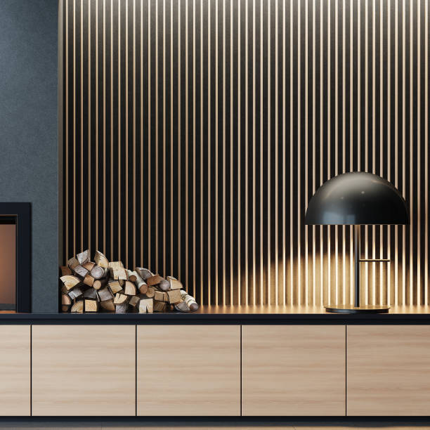 istock Modern Interior Room with Fireplace and Wall Paneling Design 2181613299