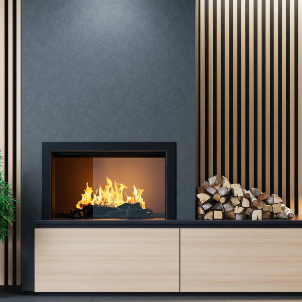 istock Modern Interior Room with Fireplace and Wall Paneling Design 2181613341