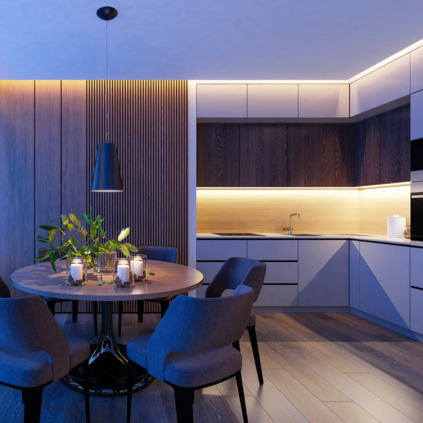istock Cozy Scandinavian Dining Room and kitchen with Blue Hour Glow and Ambient Lighting 2181615836