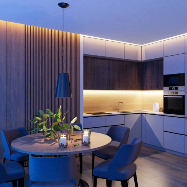 istock Cozy Scandinavian Dining Room and kitchen with Blue Hour Glow and Ambient Lighting 2181615867