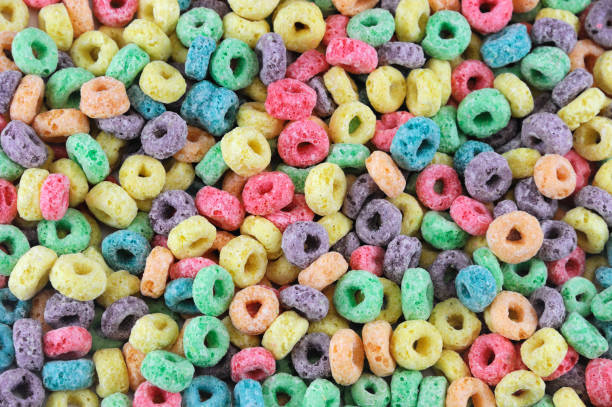 istock Colorful cereal loop rings, breakfast food background 2181624684