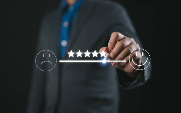 Customer satisfaction survey concept. customer service 5 star satisfaction experience. Assessment of the quality of services leading to business reputation rankings.