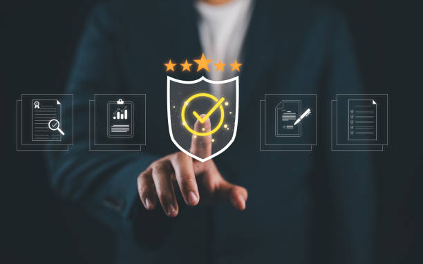 istock Businessman touching standard quality control certification assurance guarantee for automation process. Quality management with Quality Assurance, Quality Control, Standardization, health insurance. 2181625279