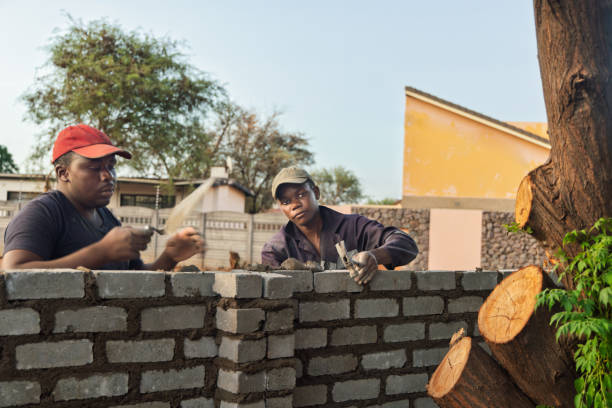 istock bricklayer african men colleagues, using a trowel and a hammer, building a wall at sunset outdoors 2181647053