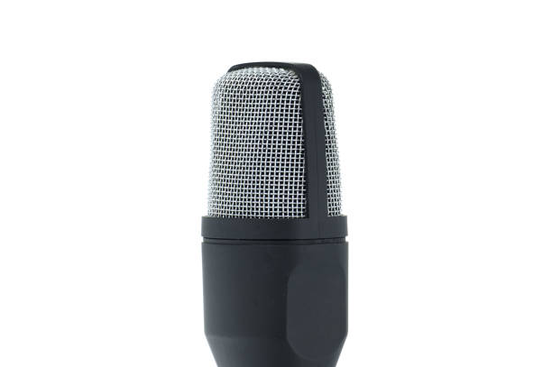 istock Professional microphone on stand isolated against a white background 2181649446
