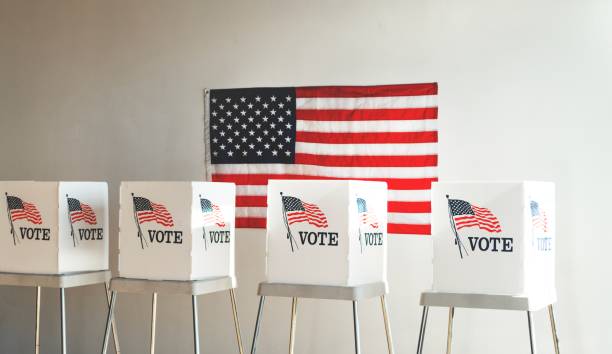 istock Voting booths with American flag. Us election voting private booth, Voting booth with US flag. 2181651814