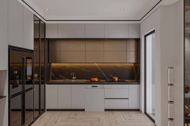 istock Contemporary Minimalist Kitchen with Sleek Cabinetry and Marble Backsplash 2181661274