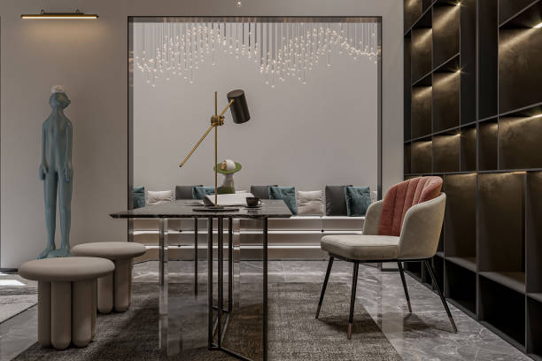 istock Contemporary Office Design with Minimalist Desk, Modern Decor, and Artistic Lighting 2181661275