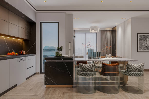istock Contemporary Open-Concept Kitchen and Dining Area with Modern Marble Island 2181661283