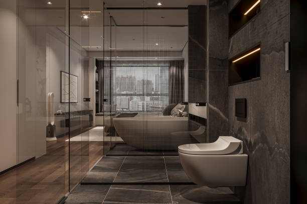 istock Luxury Modern Bathroom with City View and Glass Partitions 2181661284