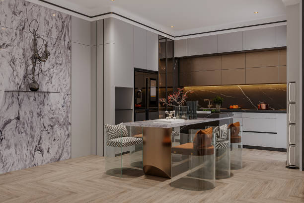 istock Luxury Modern Kitchen and Dining Area with Marble Wall and Designer Chairs 2181661296