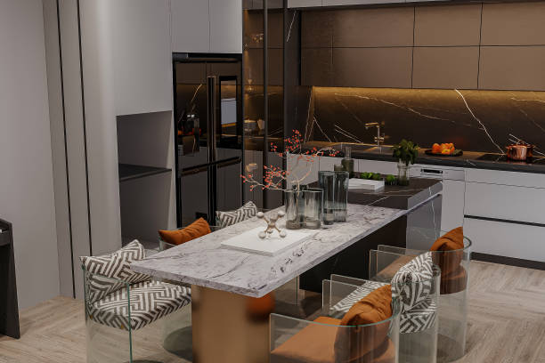 istock Modern Luxury Dining Table in Marble Kitchen with Designer Glass Chairs 2181661352