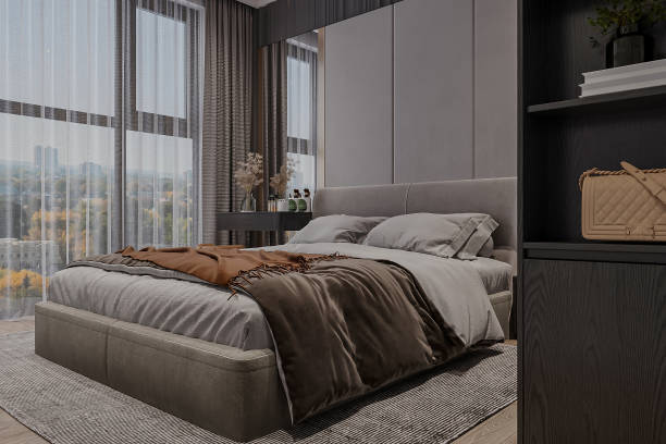 istock Modern Luxury Bedroom with Floor-to-Ceiling Windows and Cozy Bedding 2181661354