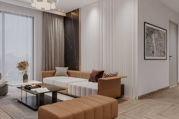istock Modern Luxury Living Room with Stylish Sofa and Marble Accent Wall 2181661399