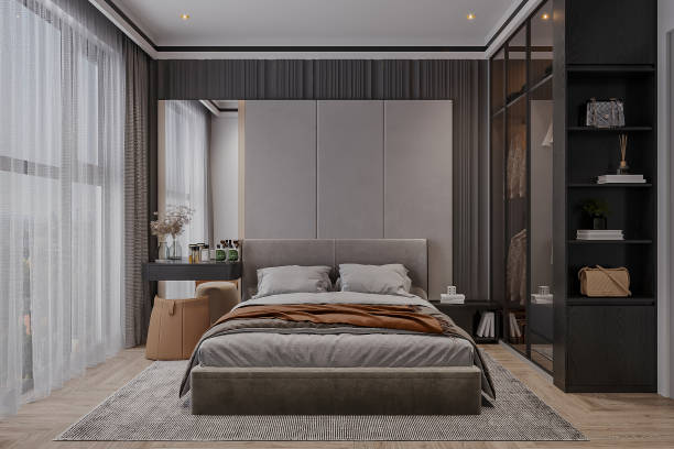istock Modern Minimalist Bedroom Interior with Large Windows and Stylish Design 2181661432
