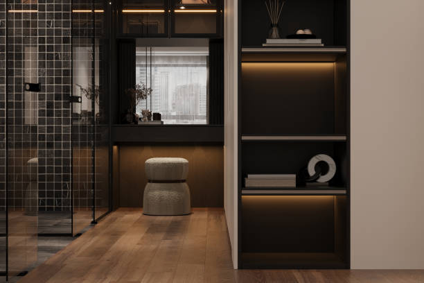 istock Modern Vanity with Cozy Stool and Decorative Shelving in Minimalist Interior 2181661470