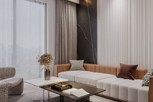istock Modern Minimalist Living Room with Elegant Neutral Sofa and Marble Decor 2181661472