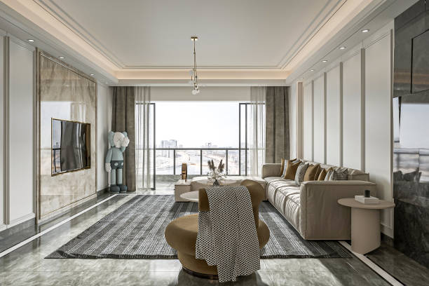 istock Contemporary Living Room with Large Windows and Modern Sculptures 2181661533