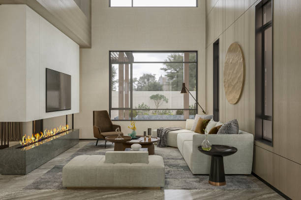 istock Modern Luxury Living Room with Fireplace and Large Windows 2181661580