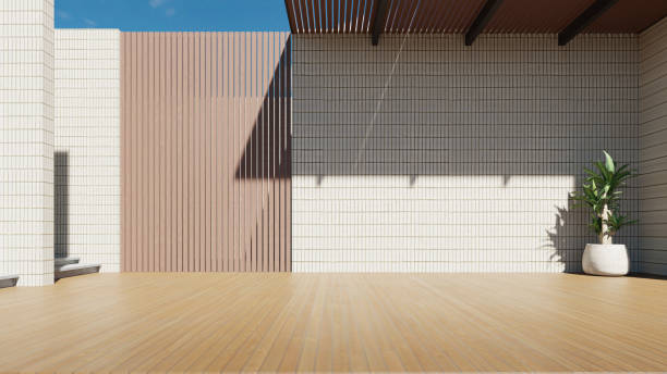 istock Modern building exterior, curve architecture with large brick wall. concrete floor, 3d rendering 2181661904