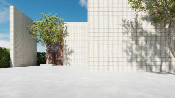 istock Modern building exterior, curve architecture with large brick wall. concrete floor, 3d rendering 2181661905
