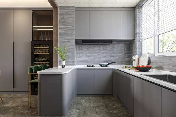 istock Contemporary Kitchen with Modern Grey Cabinets and Sleek Marble Countertops 2181661945