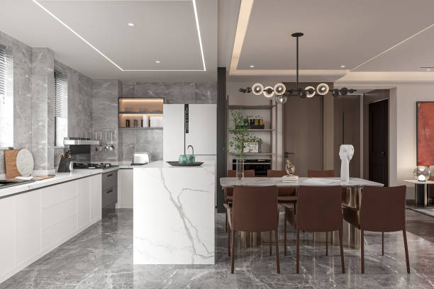 istock Modern Luxury Kitchen with Marble Island and Dining Area 2181662026