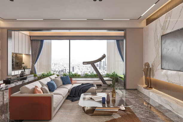 istock Luxury Living Room with Panoramic City View and Modern Interior Design 2181662921