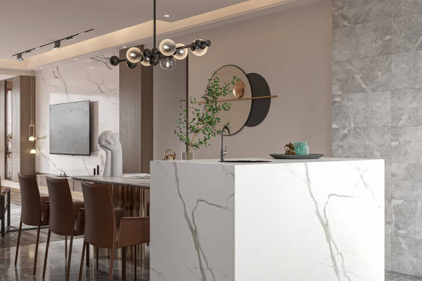 istock Modern Minimalist Kitchen and Dining Area with Marble Island and Artistic Decor 2181662950