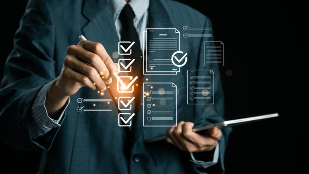 istock Businessman makes a checklist Assessment and questionnaire, businessman using tablet to do online survey online digital form Show green check mark Choose the correct answer on the exam. 2181663363