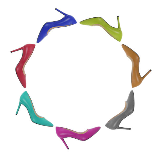 Colorful leather high heels shoe circle isolated on white background