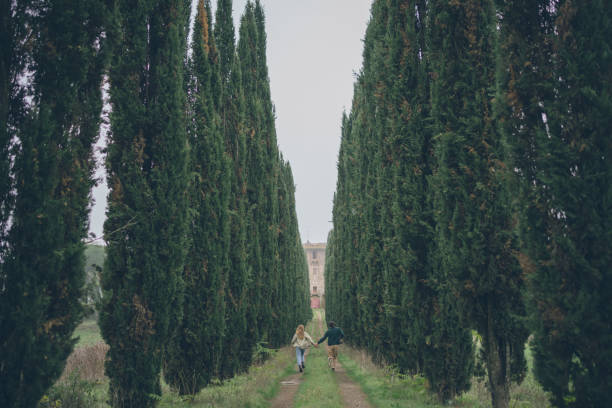 Young couple walk down treelined road, Tuscany