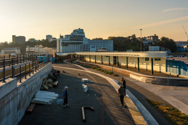 Sunset view of the Folkestone Harbour Railway Station, an old out of use Railway Station which is now a popular travel destination on September 22, 2021 in Folkestone, United Kingdom