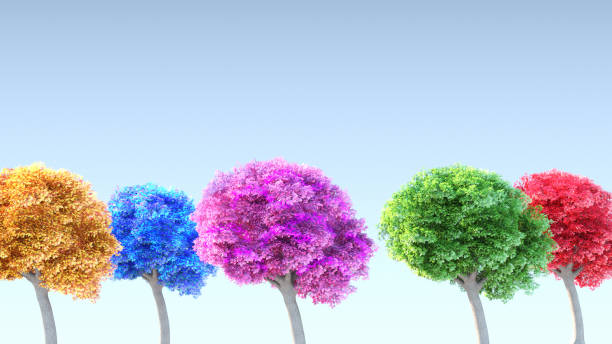 Multicolored trees in brain shape, metaphor for neurodiversity, 3D render.