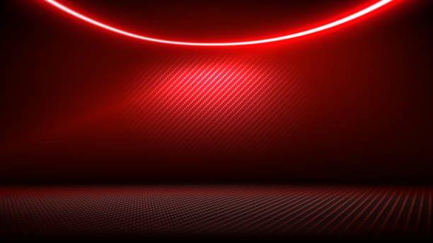 istock Studio interior with carbon fiber texture. Modern carbon fiber textured red black interior with light. Background for mounting, product placement. Vector background, template, mockup 2181691137