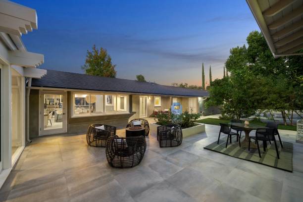 istock Modern outdoor patio with evening lighting. 2181694192