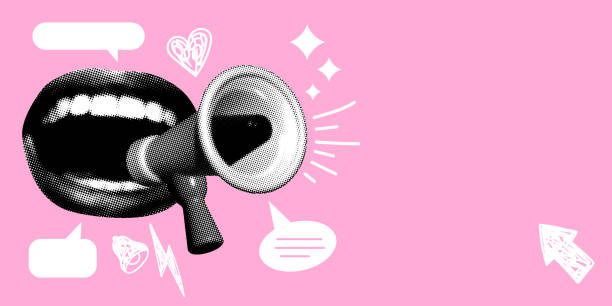 istock Modern collage with screaming mouth, loudspeaker and speech bubbles on pink background. Sale banner 2181694357