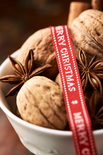 Christmas decoration on rustic wooden background. Close up.