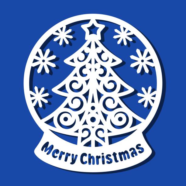 Snow globe with Christmas tree and snowflakes. Round holiday decoration on a stand with the text Merry Christmas. Template for plotter laser cutting of paper, fretwork, wood carving, metal engraving. snow globe empty silhouette stock illustrations