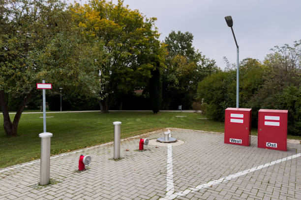 istock A paved area with fire hydrants and red metal boxes for fire equipment 2181707357