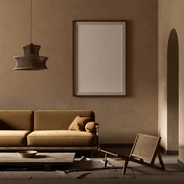 istock Mock up poster frame in boho style decorated livinig room. Modern, authentic Interior design of living room with wooden furnitures. 3D illustration 2181707659
