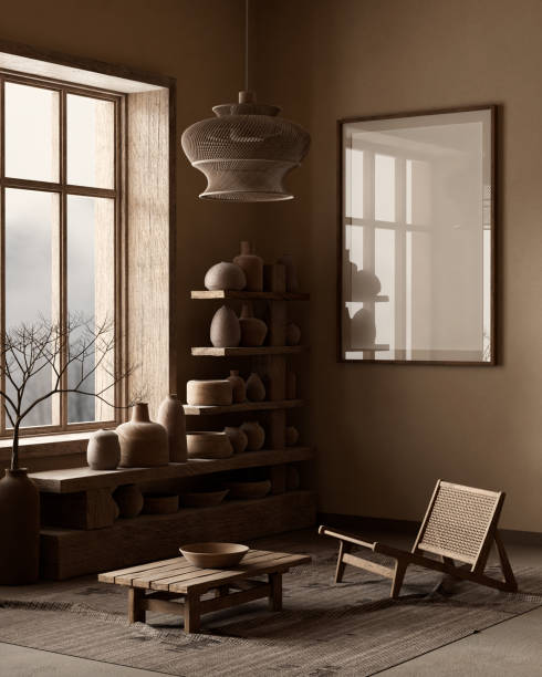 istock Mock up poster frame in boho style decorated livinig room. Modern, authentic Interior design of living room with wooden furnitures. 3D illustration 2181707698