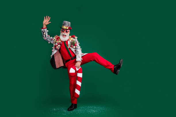 istock Full size photo of eccentric aged mister dance big cane stick candy empty space isolated on dark green color background 2181707716