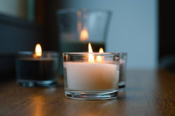 istock Lovely candles on the table, cozy home interior 2181708861