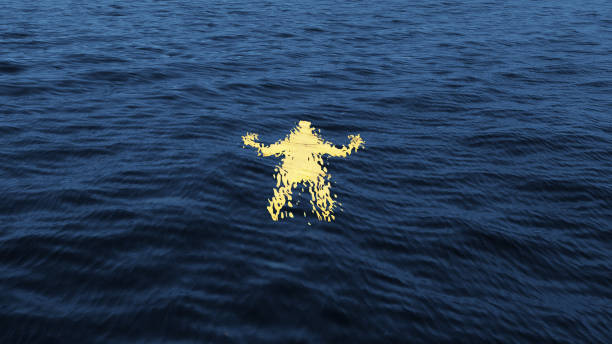 A CGI illustration depicting a glowing yellow silhouette of a human figure submerged below a dark and wavy water surface. The vibrant yellow light contrasts sharply against the deep blue-green tones of the surrounding water, creating an otherworldly and mysterious atmosphere. The human-like figure appears as though floating or glowing from beneath the waves, adding a sense of depth and intrigue to the scene