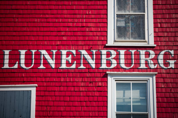 Lunenburg sign painted on traditional waterfront building