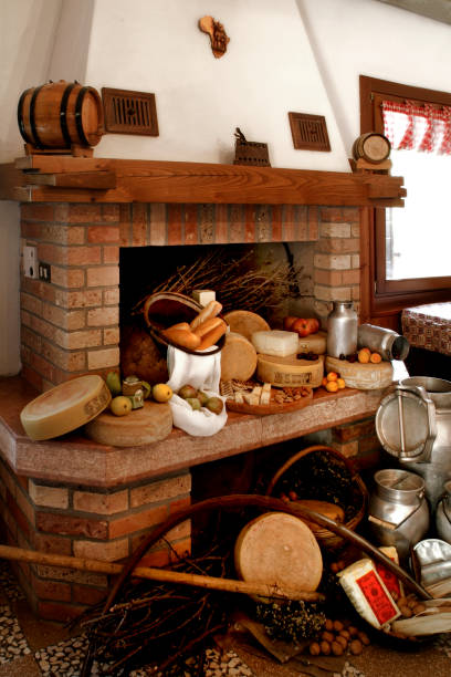 istock Composition of cheeses and bread, on a fireplace 2181716329
