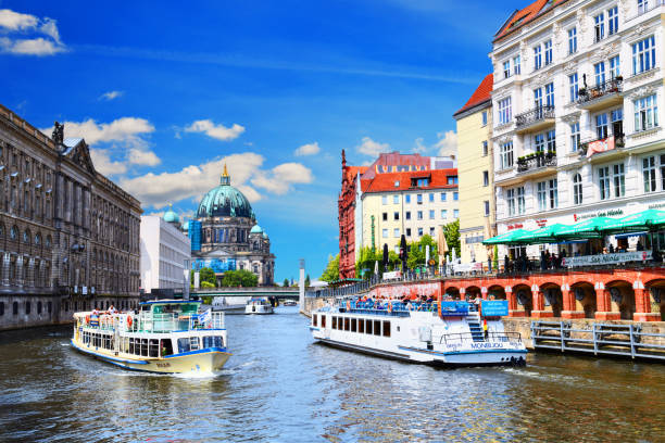 Germany. Berlin. The photo from a pleasure boat shows Berlin Cathedral on Lustgarten on Museum Island is a Protestant church in Berlin's Mitte district.